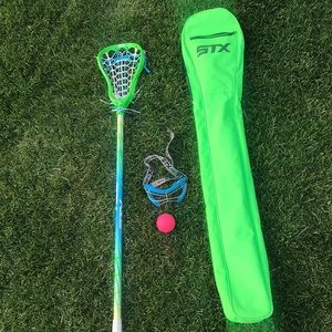GIRLS LACROSSE STICK, BALL, GOGGLES, CASE